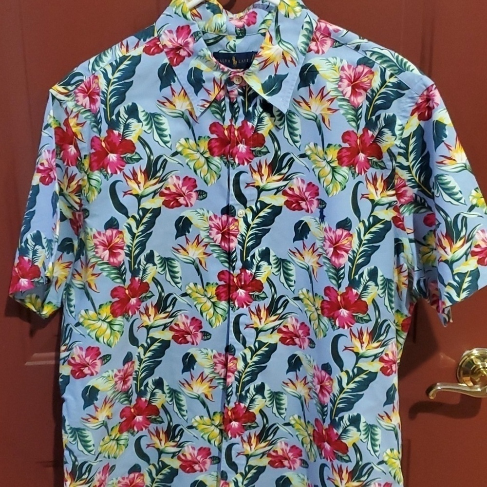 Ralph Lauren blue tropical floral Hawaiin shirt size XL 100 percent cotton - Picture 1 of 10